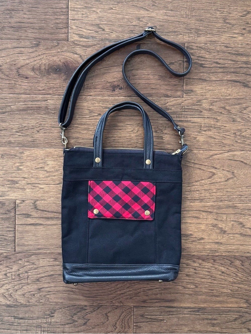 NEW Jenny N Design Handmade Leather Cotton Crossbody Bag Black Buffalo Plaid Bag